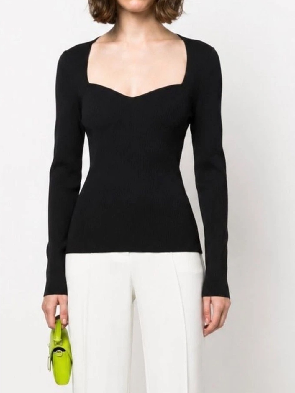 EUC Veronica Beard Black Sweetheart Neck Ribbed Knit Long Sleeve Top XS